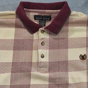 West Prep Men XL Maroon and Cream Plaid Polo Collared Short Sleeve Shirt Vintage